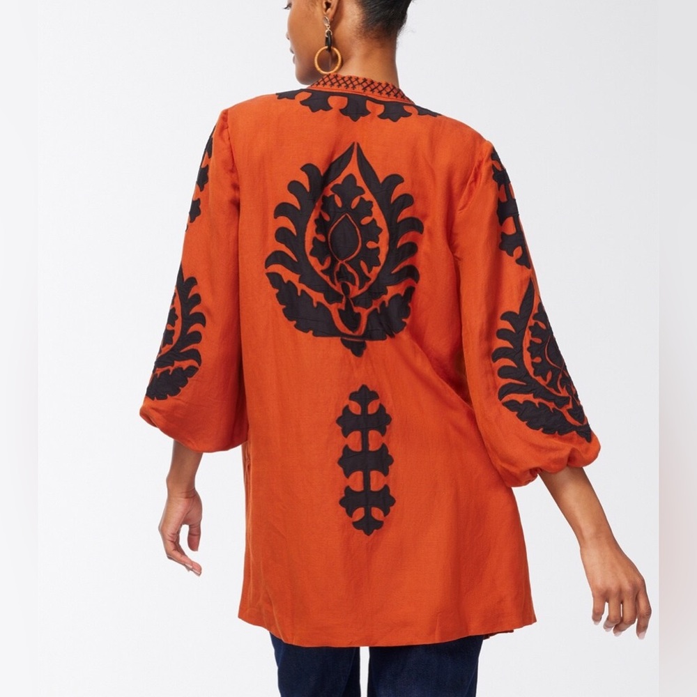 Chicos Appliqué Rust Orange & Black Lined Jacket Linen Blend Gorgeous XL Sz. 16 - Picture 4 of 10